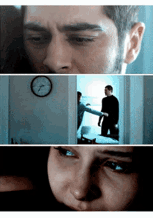 a man and a woman are standing next to each other in a room with a clock on the wall