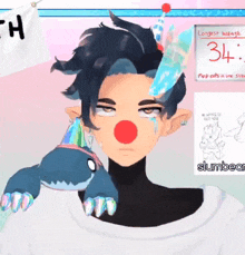 a drawing of a person with a red nose and a sign that says 34 on it