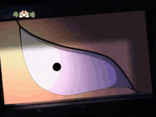 a close up of a cartoon character 's eye with a black spot