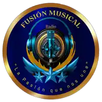 a logo for fusion musical radio has a microphone and headphones on it