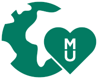 a green globe with a heart and the letter m on it