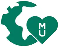 a green globe with a heart and the letter m on it