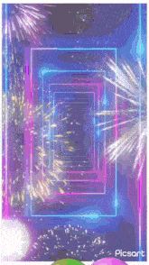 a picture of balloons and fireworks with the words picsart in the corner