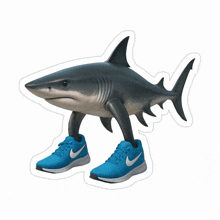 a shark with blue nike shoes on its legs