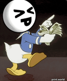 donald duck is holding a bunch of money and pointing