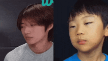 a man and a boy are next to each other with a green w on their head