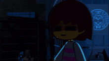 a cartoon character stands in front of a freddy 's sign