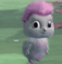 a cartoon character with pink hair is standing in the grass .