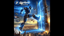 a poster for digibyte blockchain shows a robot flying through a portal