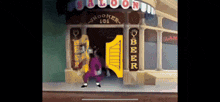 a cartoon character is standing in front of a saloon with a yellow door open .