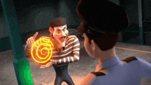 a man in a striped shirt is holding a swirl in his hands and talking to a police officer