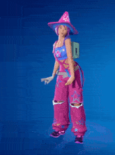 a woman in a purple hat and pink overalls is dancing on a blue background