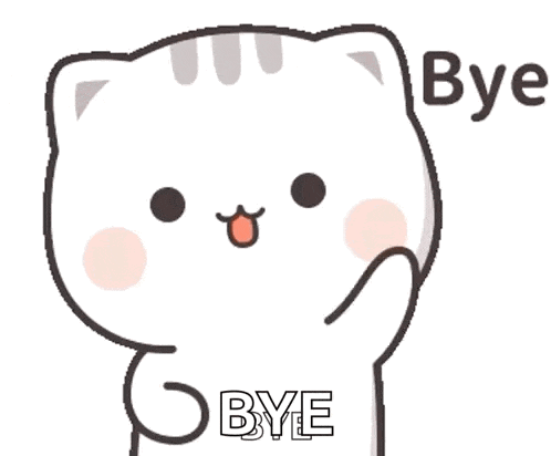 a cartoon cat is pointing at the word bye .