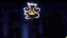 a close up of a cartoon character 's face in front of a red and yellow object .