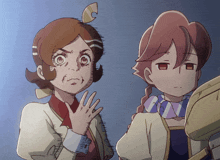 a cartoon drawing of two girls with one making a funny face and the other making a sad face