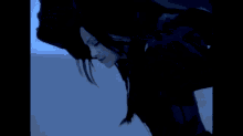 a woman in a black dress with a blue background