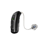 a black hearing aid that says oticon on the front