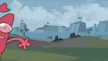 a cartoon character stands in front of a landscape with mountains and palm trees