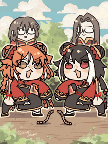 a group of cartoon characters are sitting on a bench and one of them has a snake in her mouth