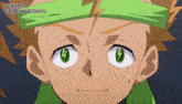 a close up of a cartoon character with green eyes and a lightning bolt on his head