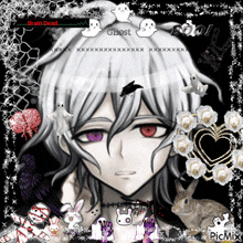 a picture of a boy with white hair and purple eyes surrounded by ghosts and flowers