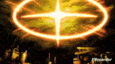 a glowing circle with a star in the middle is surrounded by buildings in a video game scene .