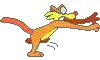 a pixel art drawing of a cat with a long tail flying through the air .