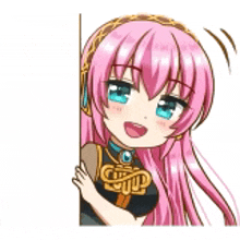 a cartoon girl with pink hair and blue eyes is standing behind a wall .