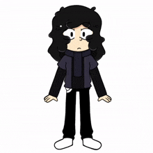 a cartoon drawing of a girl with black hair and white eyes