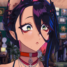 a close up of a girl 's face with a red choker and a necklace with a x on it