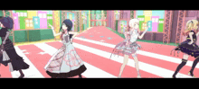 a group of anime girls are dancing on a red and white striped floor