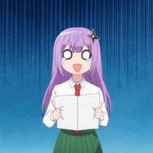 a girl with purple hair is holding a piece of paper in her hands