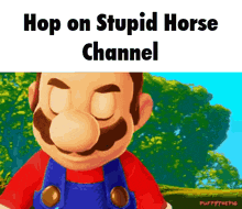 a cartoon of mario with his eyes closed and the words hop on stupid horse channel above him