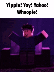 a cartoon character is sitting in a chair with his arms outstretched and says yippie !