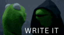 kermit the frog is wearing a black hood and standing next to another kermit the frog wearing a black hood .
