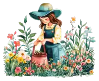 a girl wearing a blue hat is planting flowers in a garden