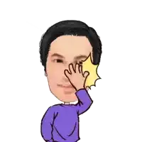 a cartoon of a man in a purple sweater covering his face with his hand