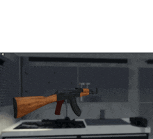 a computer screen shows a wooden ak47 rifle in a room