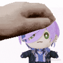 a stuffed animal with purple hair and green eyes is being patted on the head by a hand .