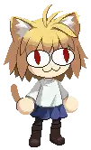 a pixel art of a girl with cat ears and red eyes standing on a white background .