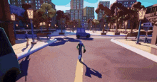 a cartoon character is running down a street in front of a sign that says " beli "