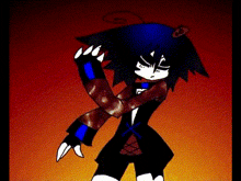 a cartoon character with a blue hat is standing in front of a red and orange background