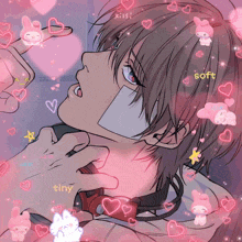 a man with a bandage on his neck is surrounded by pink hearts and tiny