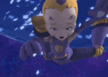 a cartoon character is flying through the air in a purple suit