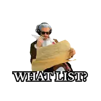 a sticker of a man in a costume with the words what list on it