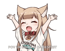 a cartoon of a girl with a cat ear and a shirt that says osakawa