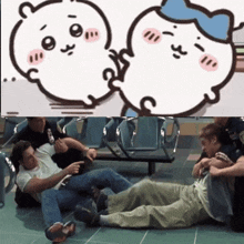 a man is laying on the floor next to a cartoon of a woman