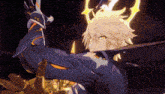 a cartoon character is holding a sword in a dark room with a star on his chest .