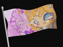 a flag with a picture of a girl and a cat on it