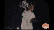 a woman in a white dress is standing in the snow with a speech bubble that says sweet thing